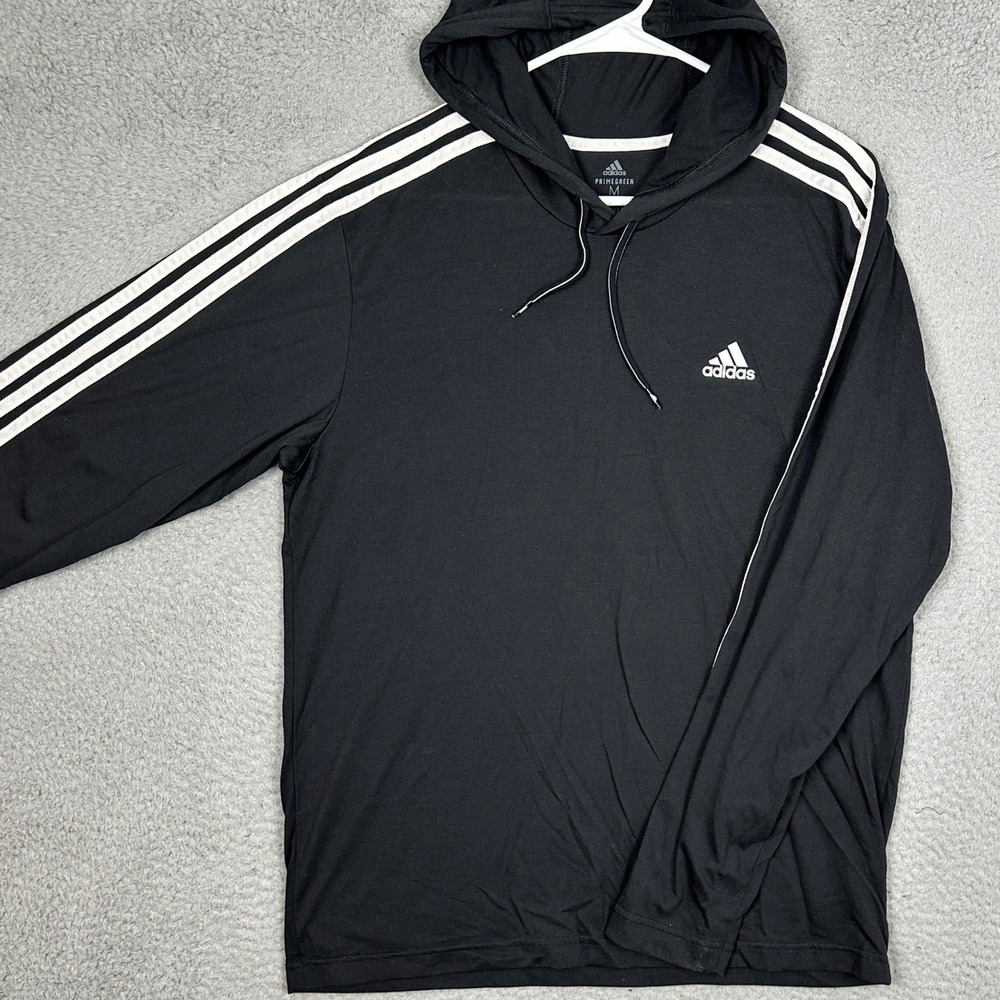 Adidas Shirt Mens Medium Aeroready Primegreen Black 3-Stripe Hooded Long Sleeve
